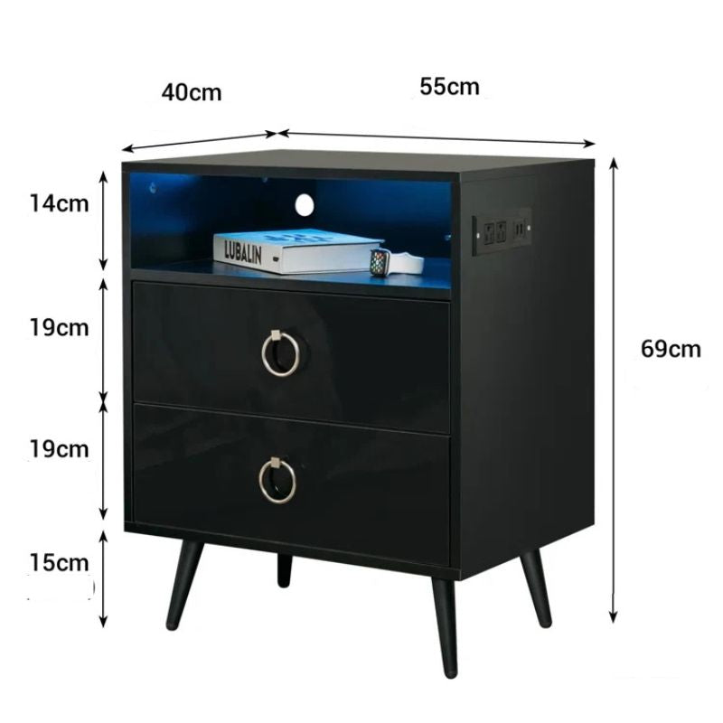 Amelia Modern LED Bedside table with USB and power socket black x 2 V195-NT-023-BK2