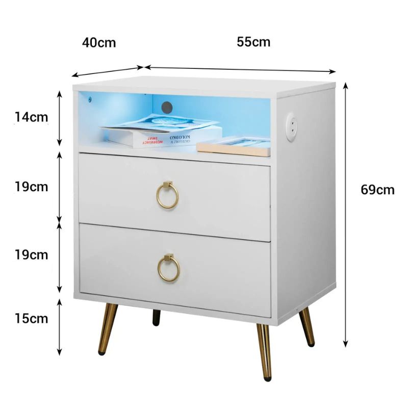 Amelia Modern LED Bedside table with USB and power socket White V195-NT-023-WH
