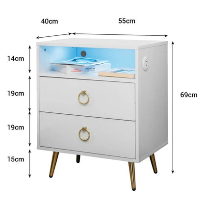 Amelia Modern LED Bedside table with USB and power socket White V195-NT-023-WH