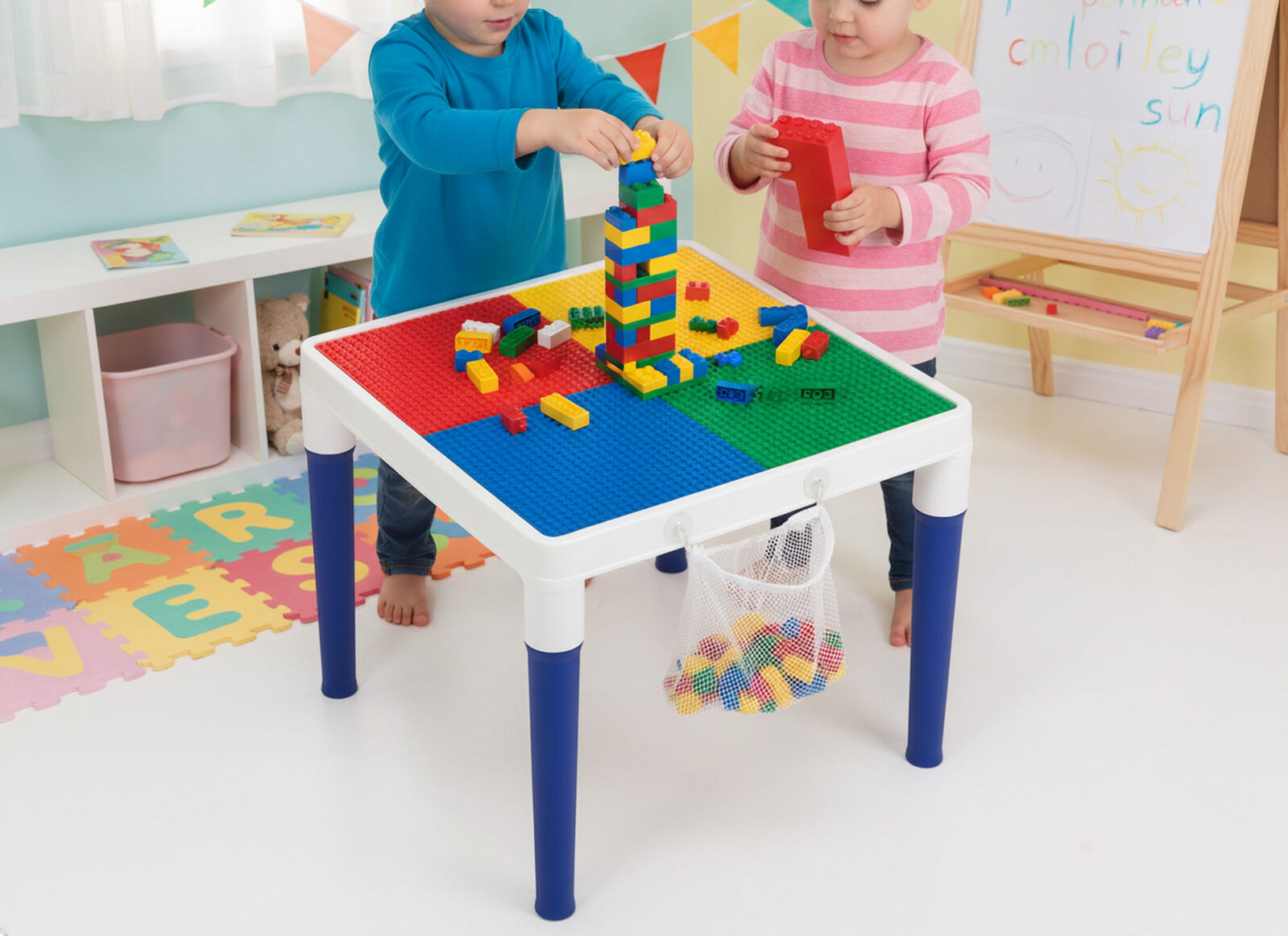 Children's 2-in-1 Building Blocks Table & Chairs Set w/ 100 Blocks V196-8601