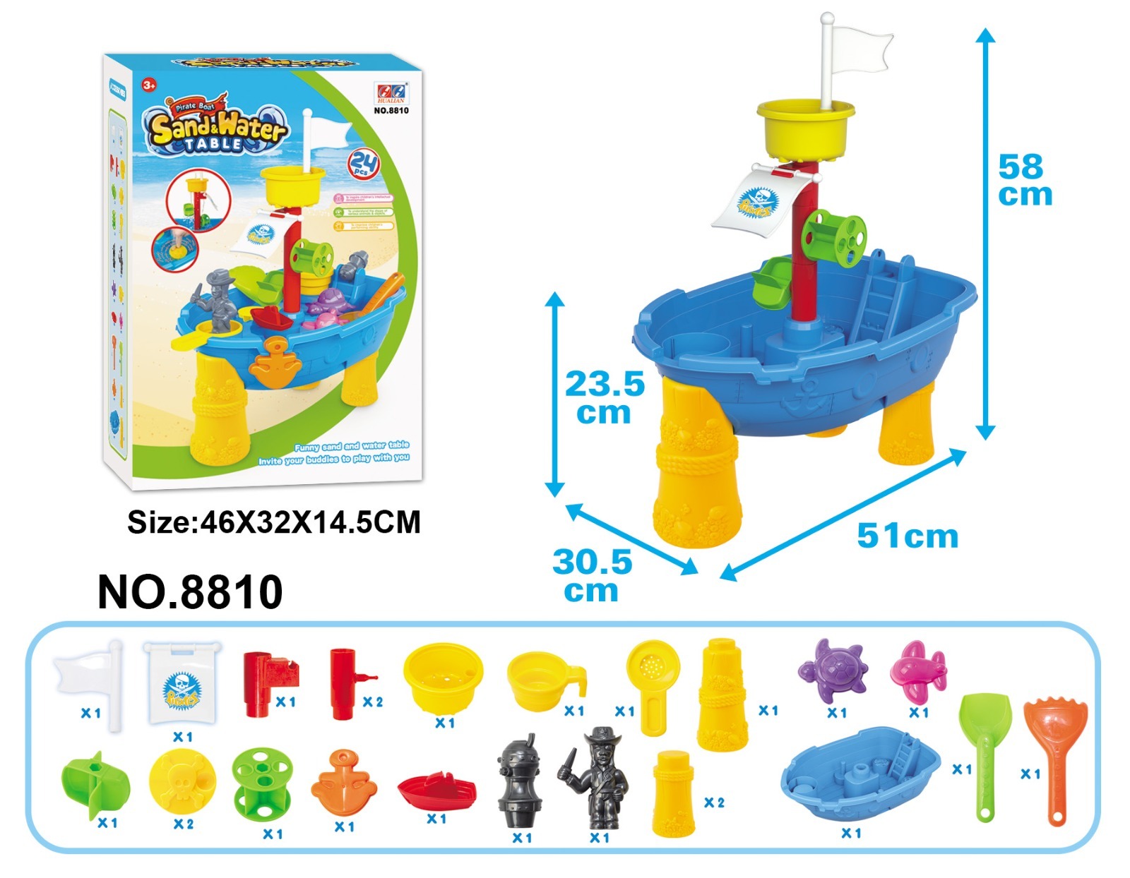 Pirate Ship Modelled, Sand and Water Table with 24 Accessories V196-8810