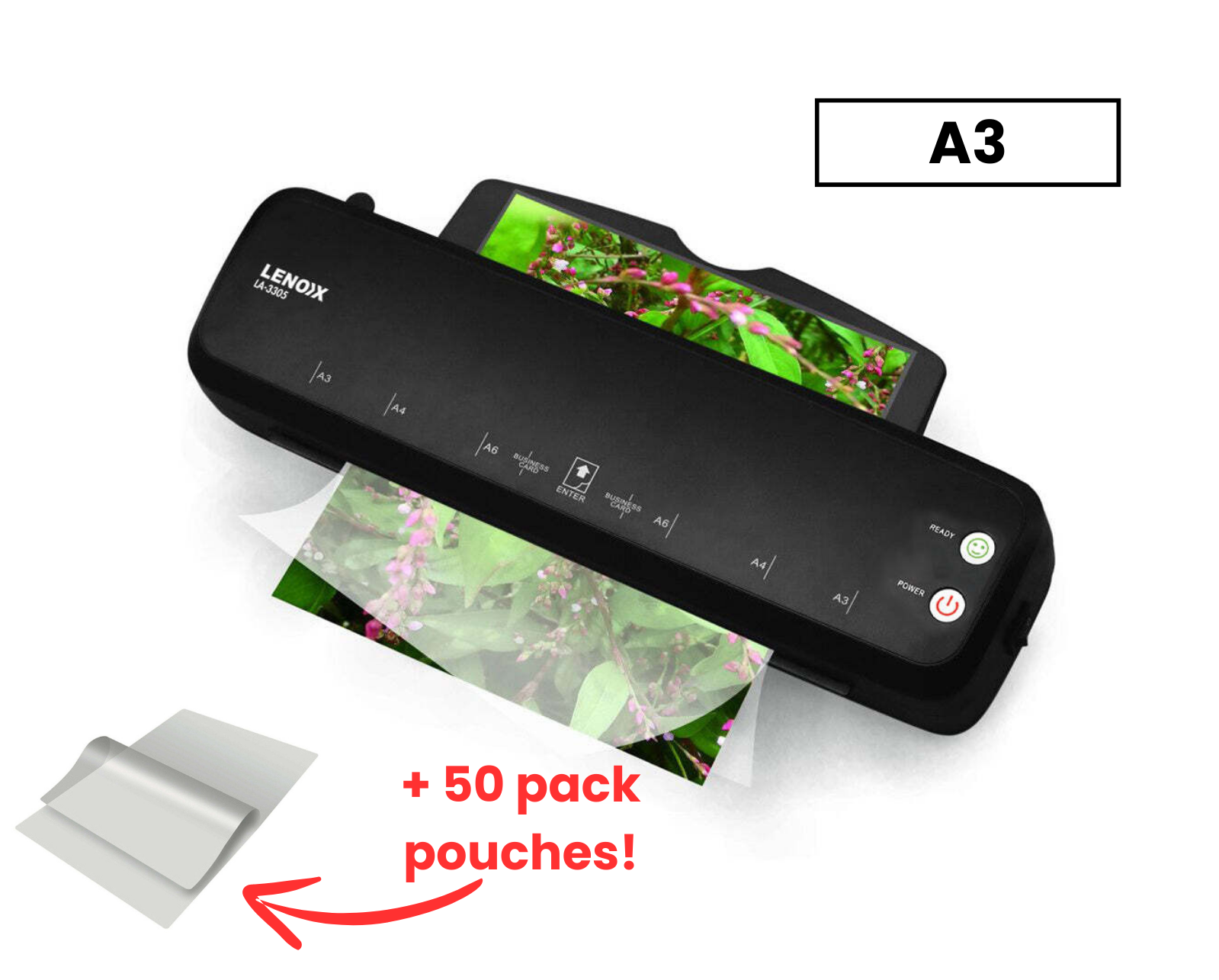 Hot Paper Laminator 350W for 80-100 Microns with 50 A3 Laminating Pouches V196-A3PACK