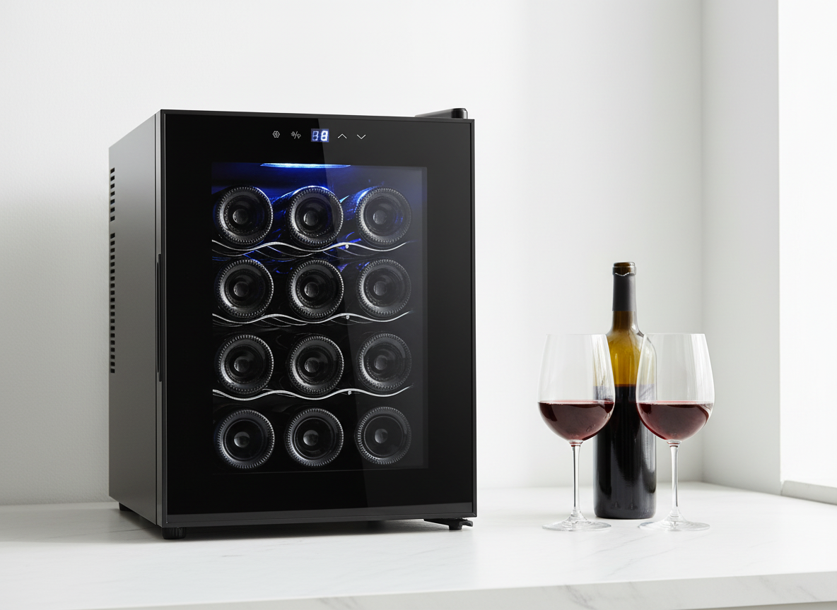 12 Bottle Thermoelectric Wine Fridge, 65W, UV Protected Glass Door, Soft LED Illumination V196-BF12