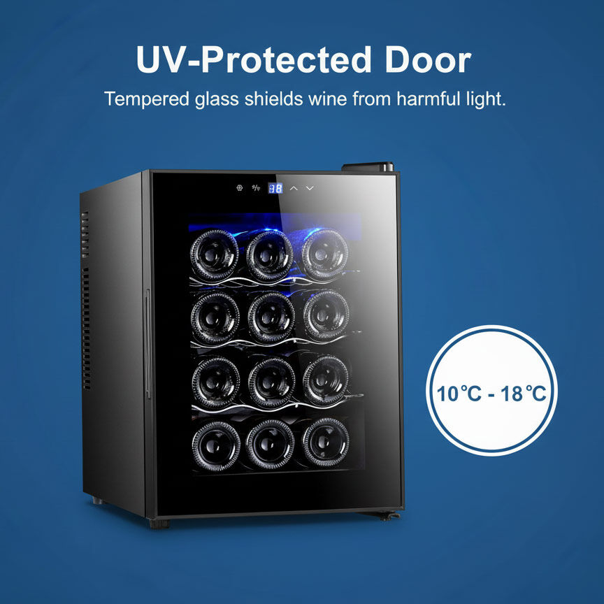 12 Bottle Thermoelectric Wine Fridge, 65W, UV Protected Glass Door, Soft LED Illumination V196-BF12