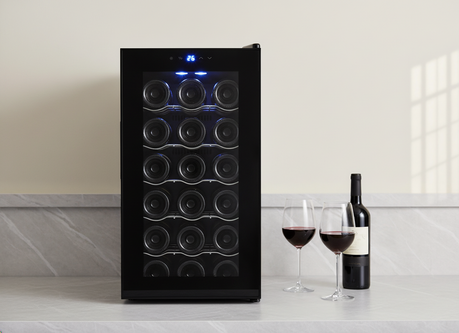 18 Bottle Thermoelectric Wine Fridge, 130W, UV Protected Glass Door, Soft LED Illumination V196-BF18