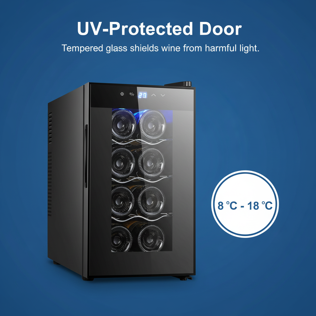 8 Bottle Thermoelectric Wine Fridge, 65W, UV Protected Glass Door, Soft LED Illumination V196-BF8