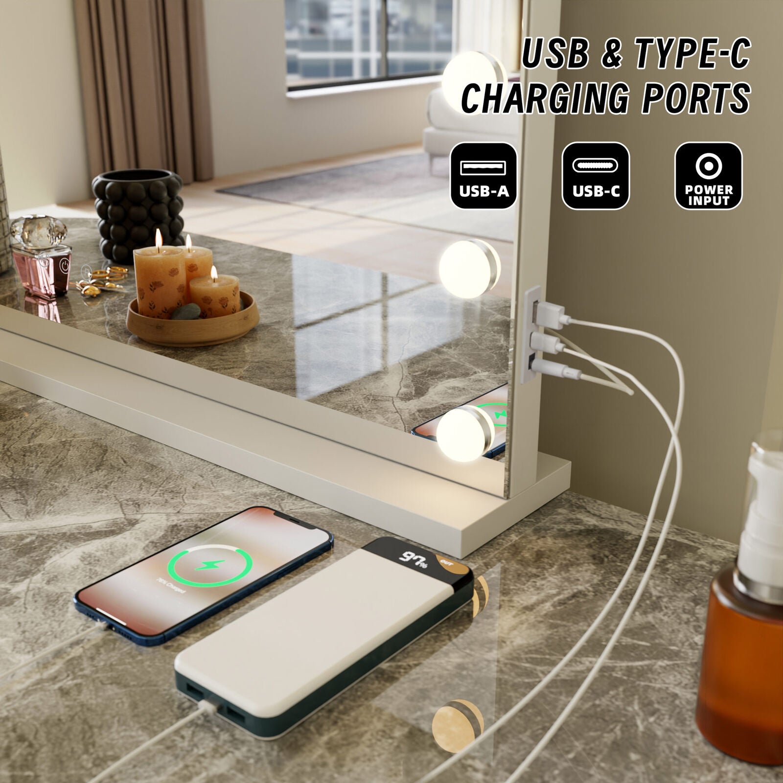 LED Beauty Mirror with 14 Bulbs, Colour Settings, USB A and USB C, White, 50 x 42cm V196-BM500