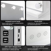 LED Beauty Mirror with 14 Bulbs, Colour Settings, USB A and USB C, White, 50 x 42cm V196-BM500