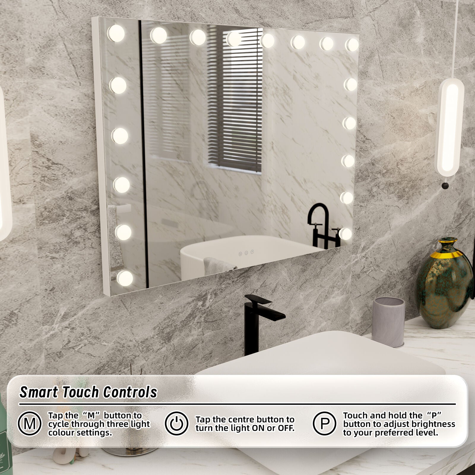 LED Beauty Mirror with 18 Bulbs, Colour Settings, USB A and USB C, White, 80 x 62cm V196-BM800