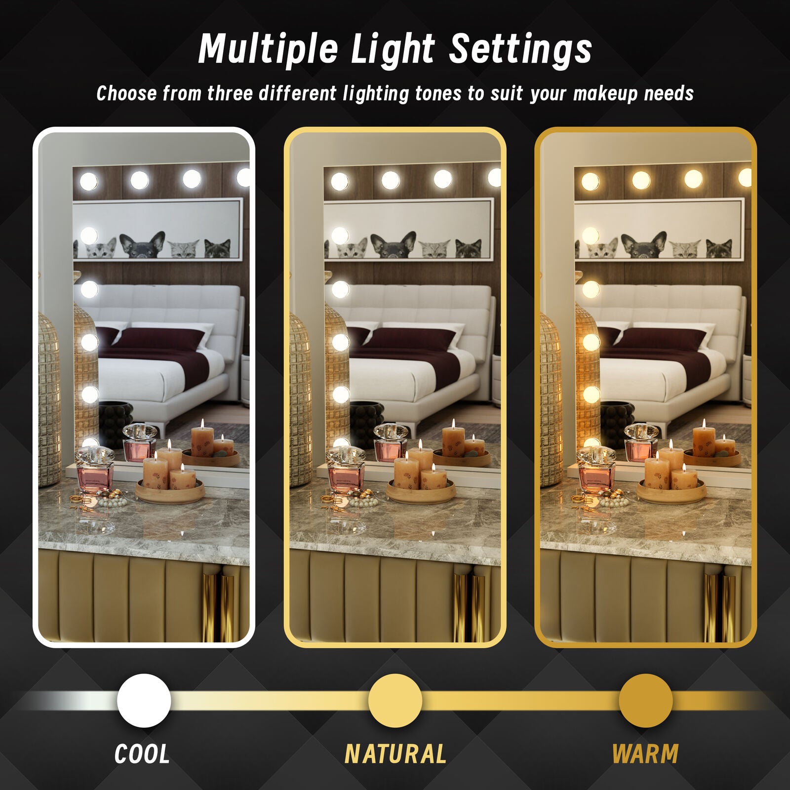 LED Beauty Mirror with 18 Bulbs, Colour Settings, USB A and USB C, White, 80 x 62cm V196-BM800