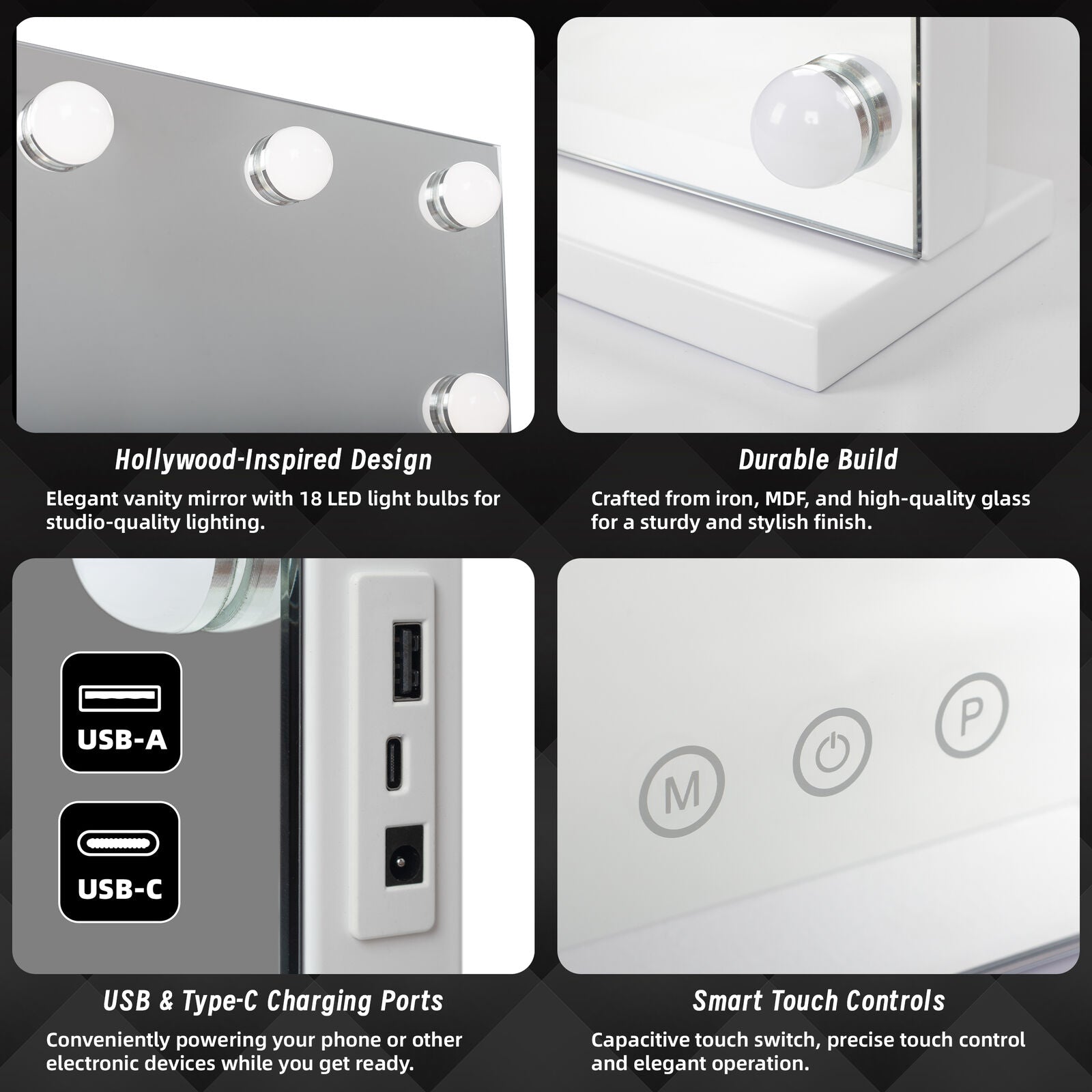 LED Beauty Mirror with 18 Bulbs, Colour Settings, USB A and USB C, White, 80 x 62cm V196-BM800