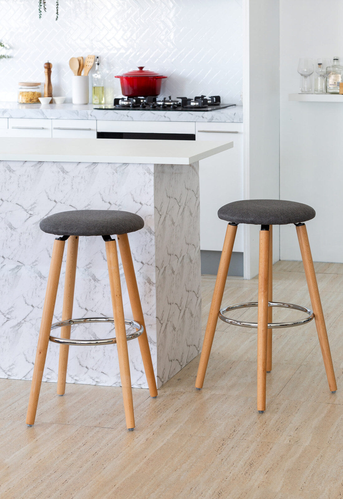 2 Cotton/Steel Modern Padded Barstools (Grey/Wood) V196-BS1246G