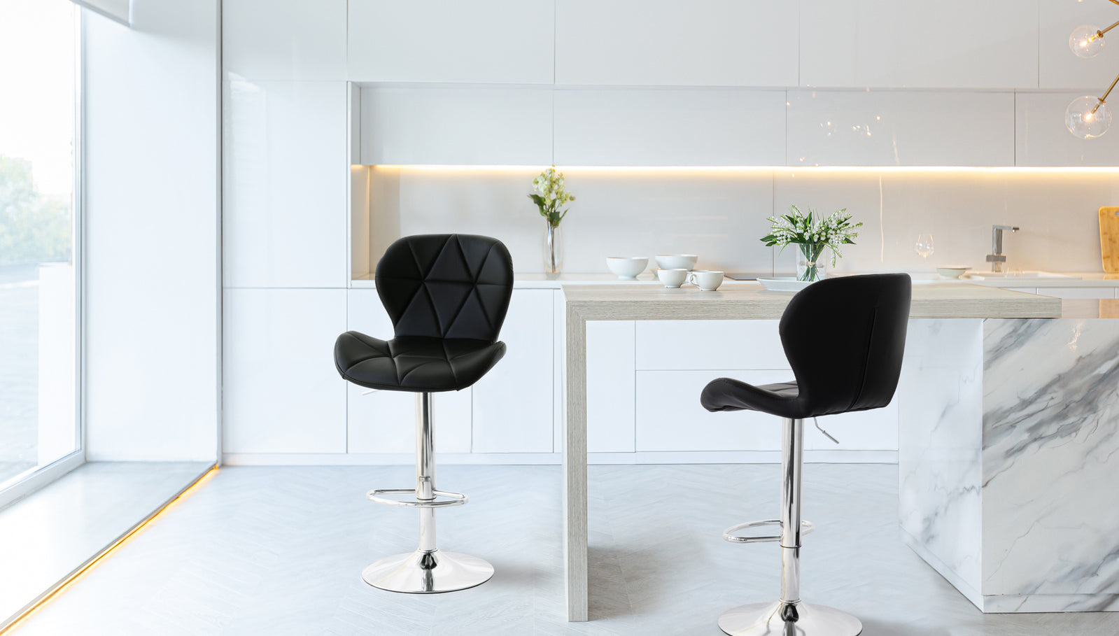 2 Comfortable Bar Stools (Black) w/ Adjustable Height, 90-112cm V196-BS520B