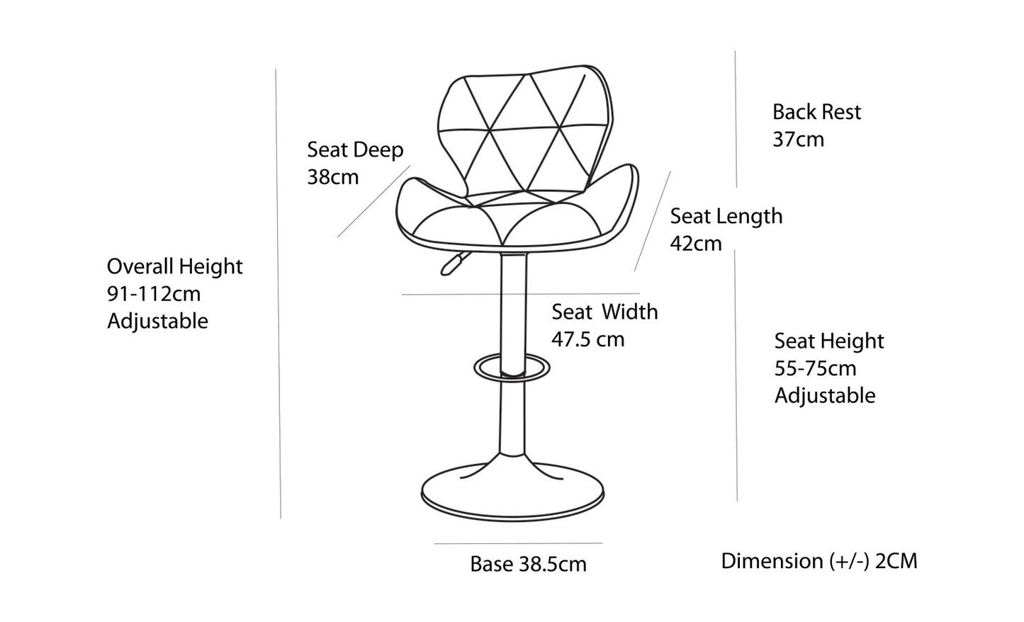 2 Comfortable Bar Stools (White) w/ Adjustable Height, 90-112cm V196-BS520W