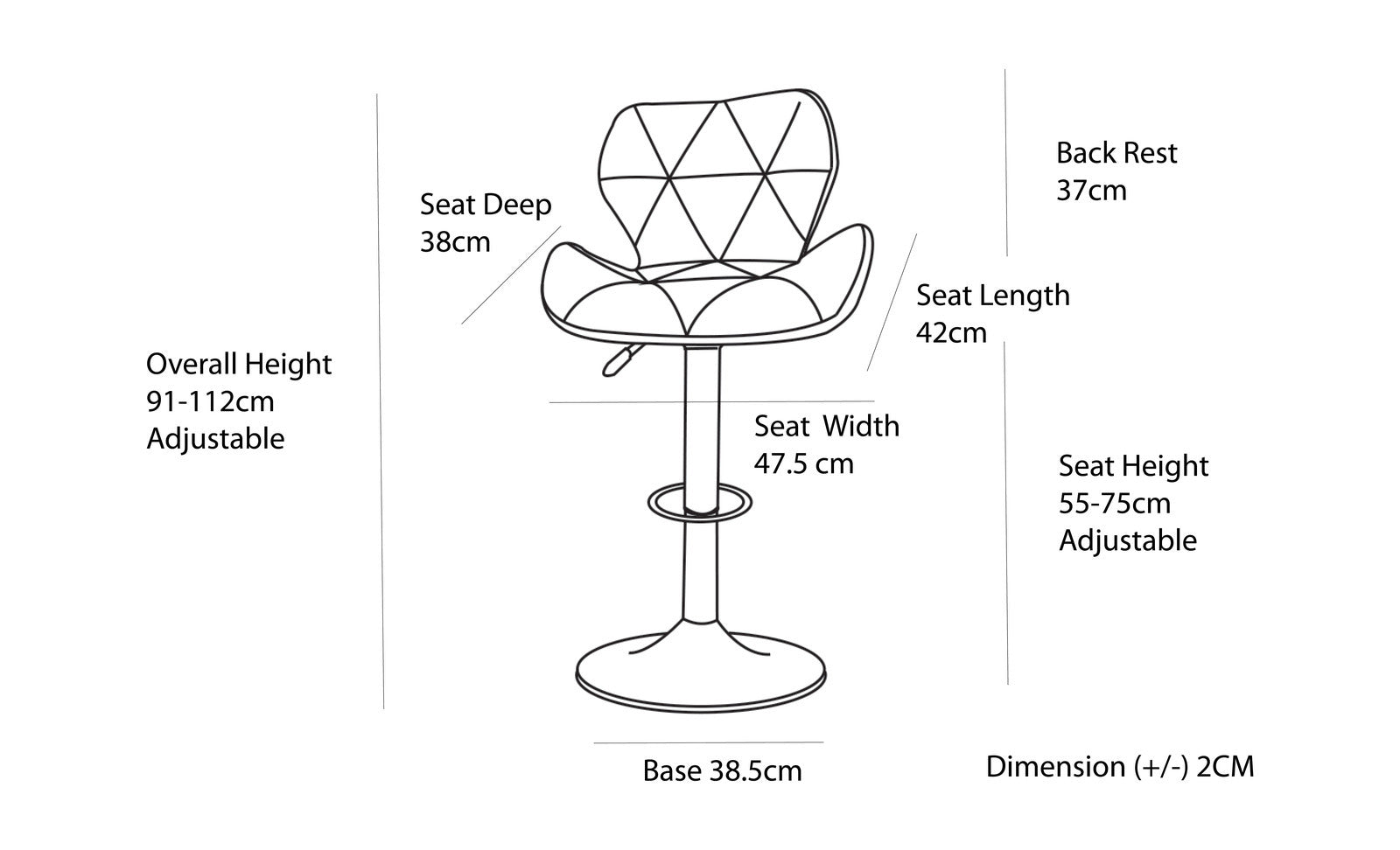 2 Comfortable Bar Stools (White) w/ Adjustable Height, 90-112cm V196-BS520W
