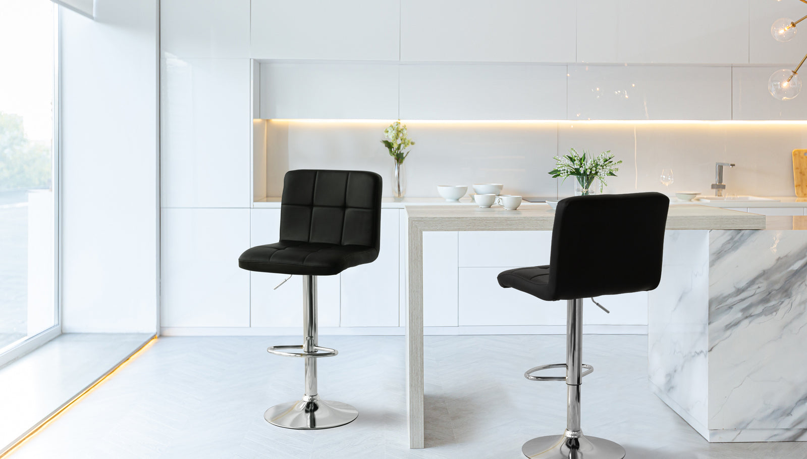2 Tall Back Paddled Leather Barstools (Black), 90-110cm V196-BS521B