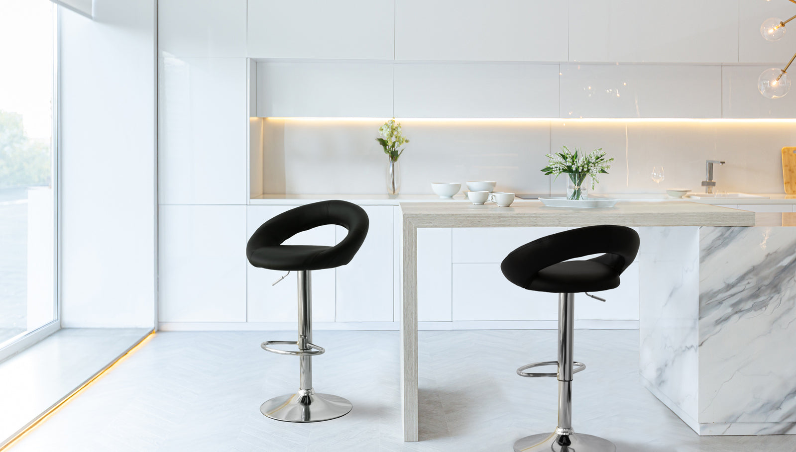 2 Curve Leather Barstools (Black) w/ Adjustable Height, 78-99cm V196-BS522B_K