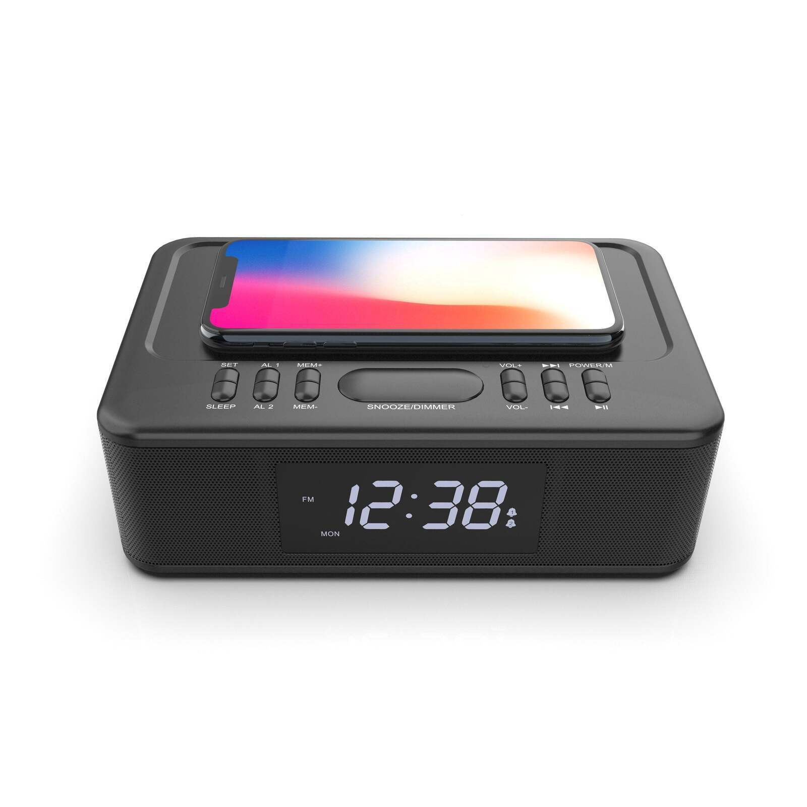 2in1 10W Wireless Fast Charging Wireless Streaming/FM Radio Alarm Clock w/ USB/AUX V196-CRW30