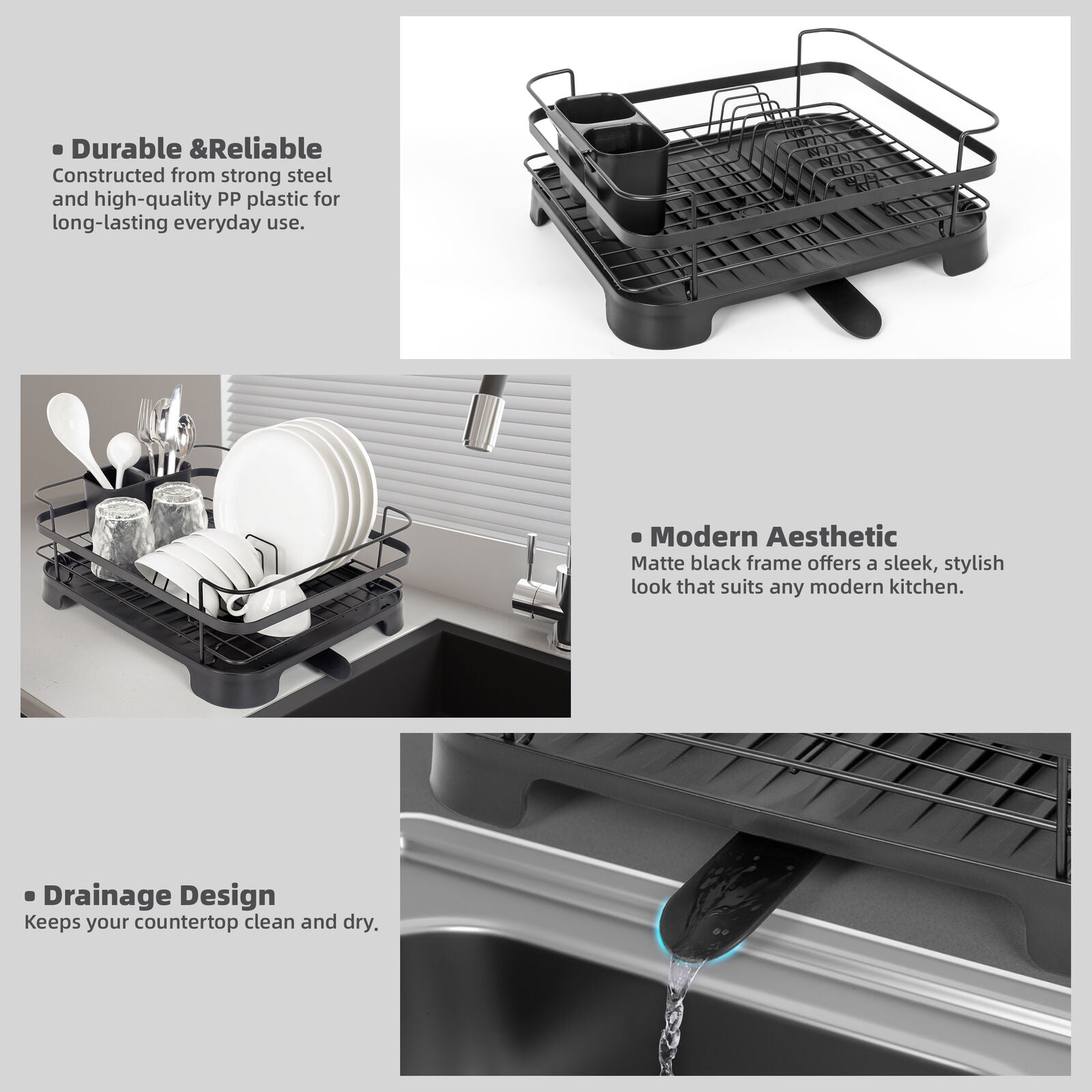 Steel Frame Dish Drying Rack Durable Steel Frame, Removable Utensil Holder, Compact Size for Small Kitchens & V196-DR106