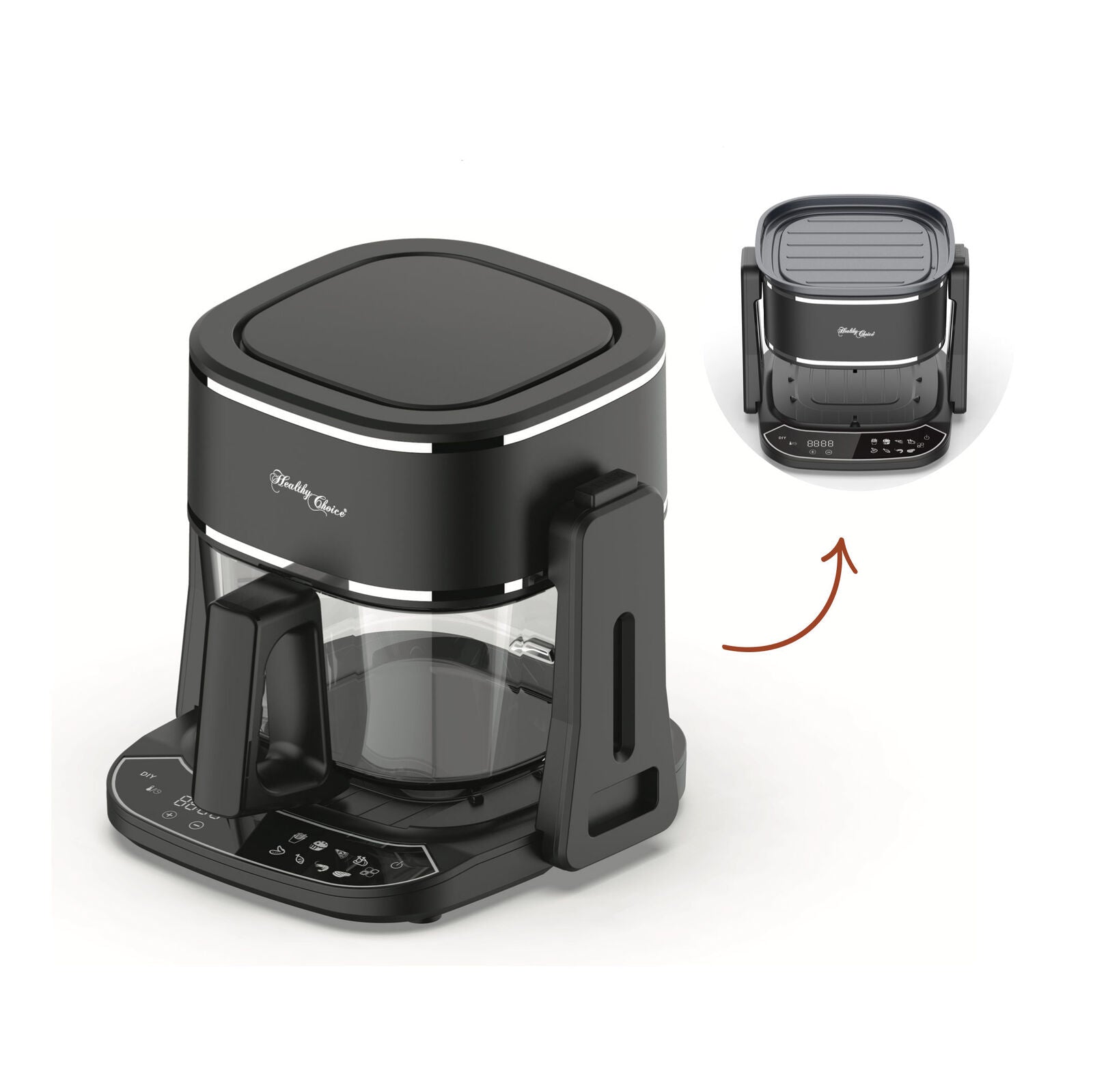 5L 2in1 Air Fryer and Grill, 1400W, Digital Touch Control, Clear Glass Cooking Basket V196-GAF505