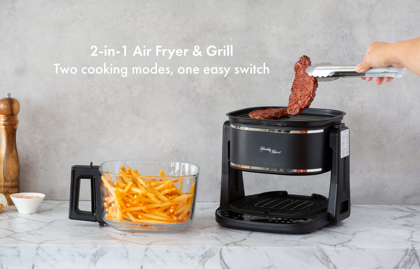5L 2in1 Air Fryer and Grill, 1400W, Digital Touch Control, Clear Glass Cooking Basket V196-GAF505