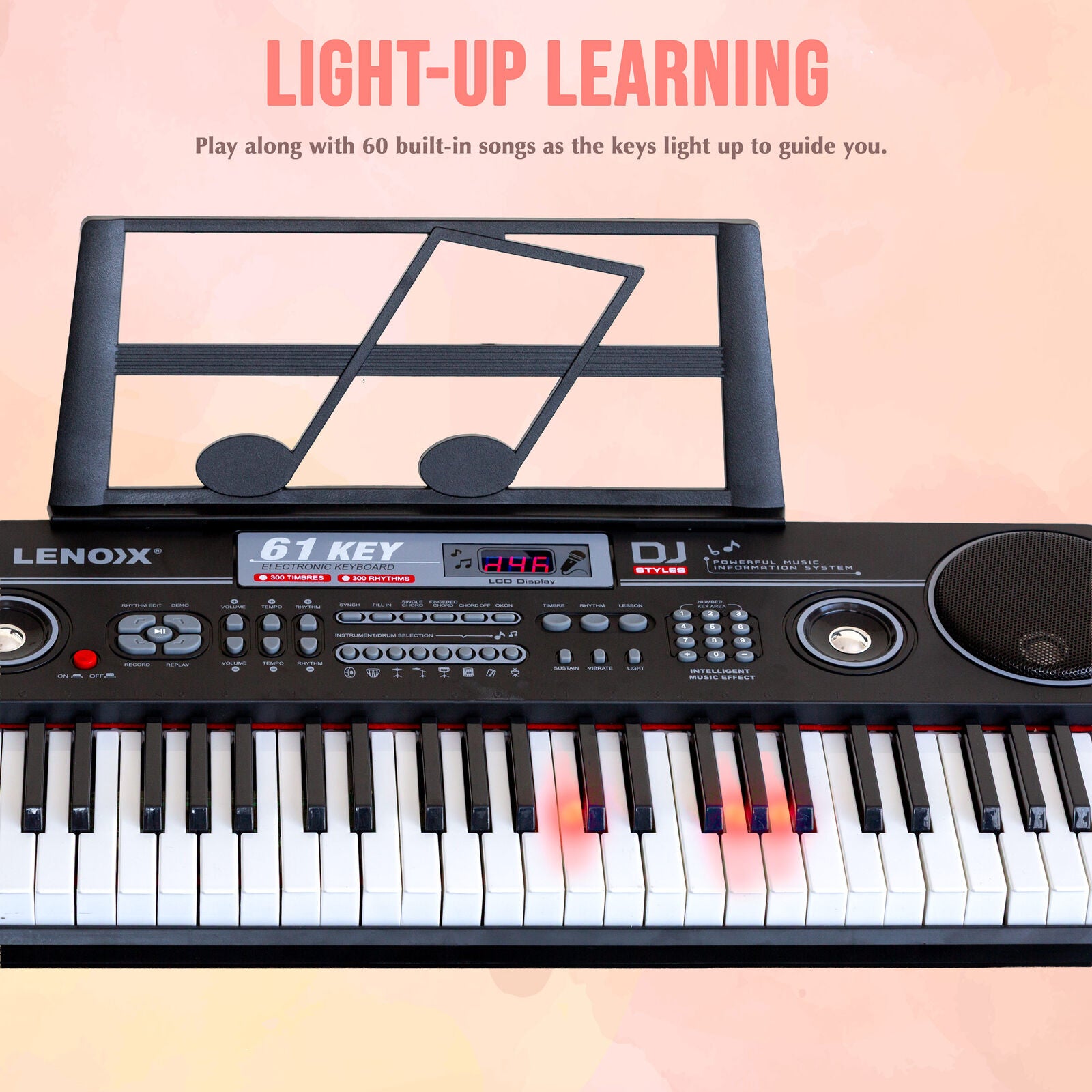 61-Key Electronic Learning Piano Keyboard, Light-Up Keys, LCD Display, with Music Stand Holder V196-KB328