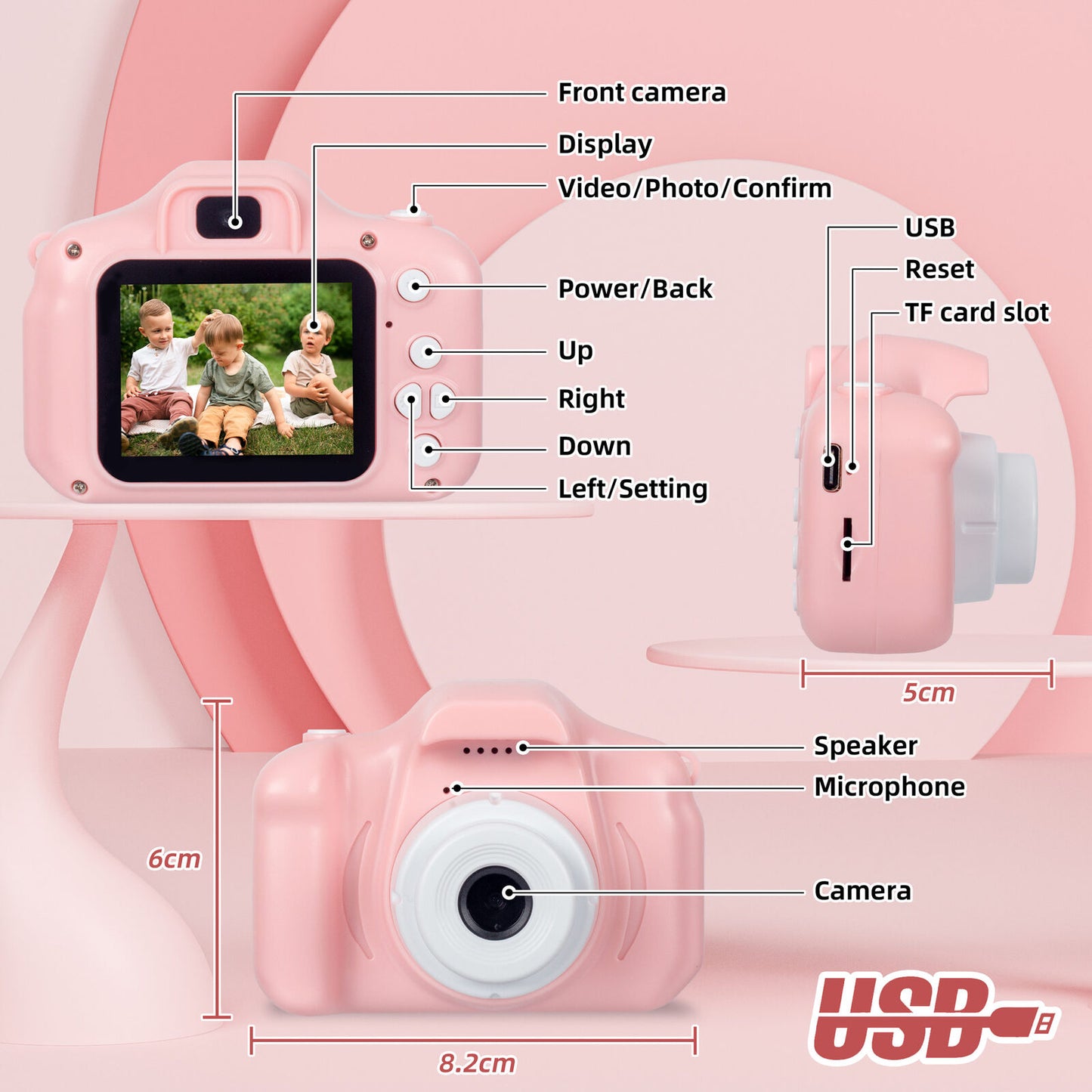 Kids Digital Dual Lens Camera, 4x Zoom and HD Video Recording (Pink) V196-KDC-0024