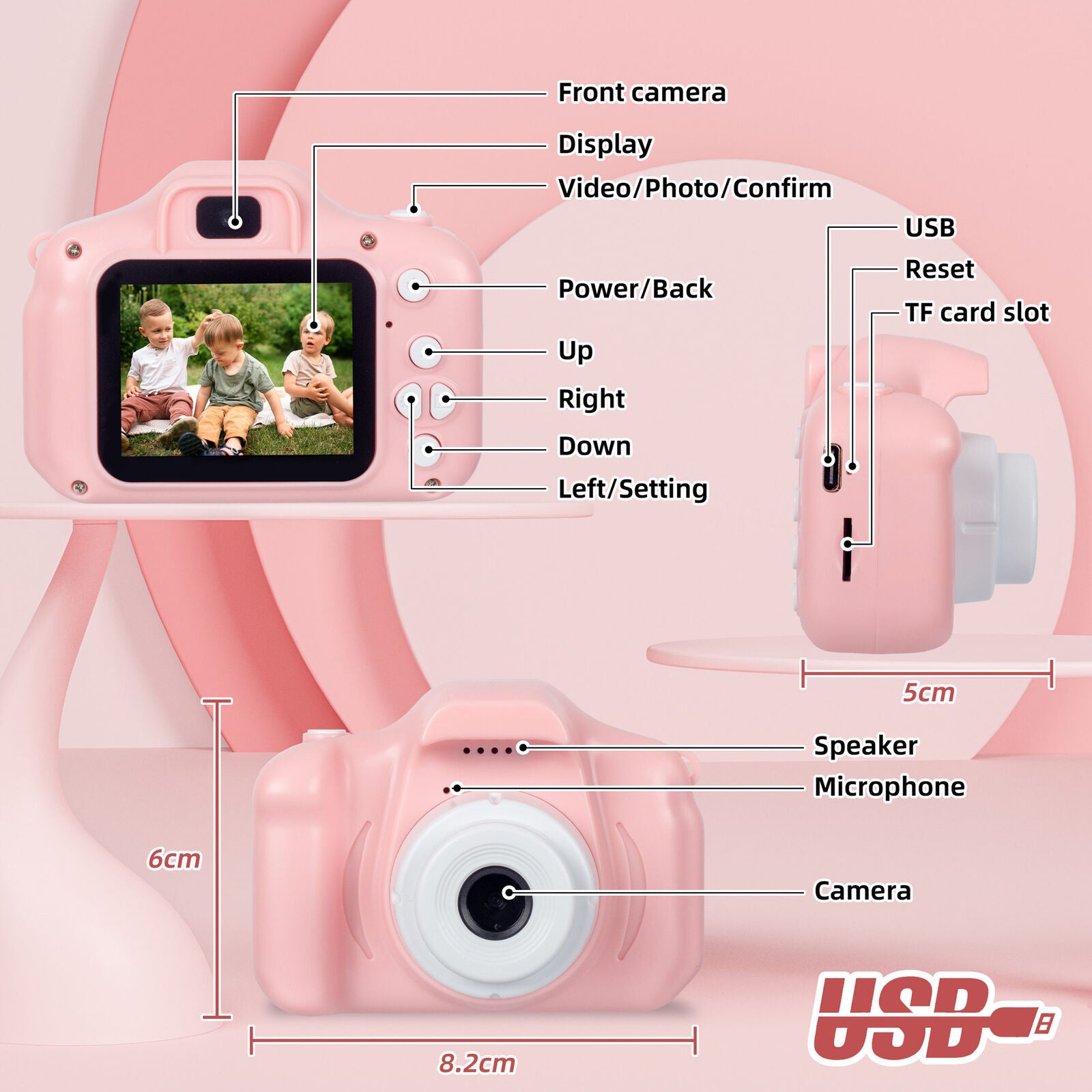 Kids Digital Dual Lens Camera, 4x Zoom and HD Video Recording (Pink) V196-KDC-0024