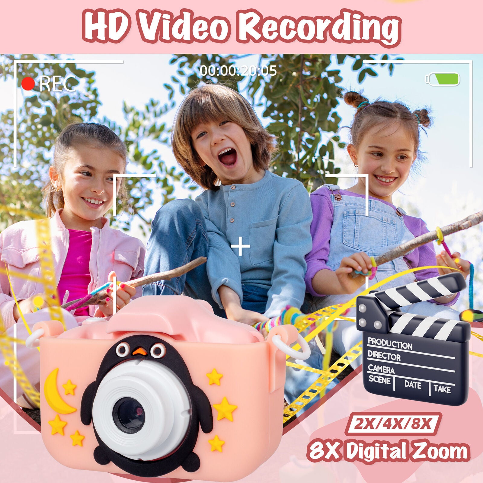 Kids Digital Dual Lens Camera, 4x Zoom and HD Video Recording (Pink) V196-KDC-0024
