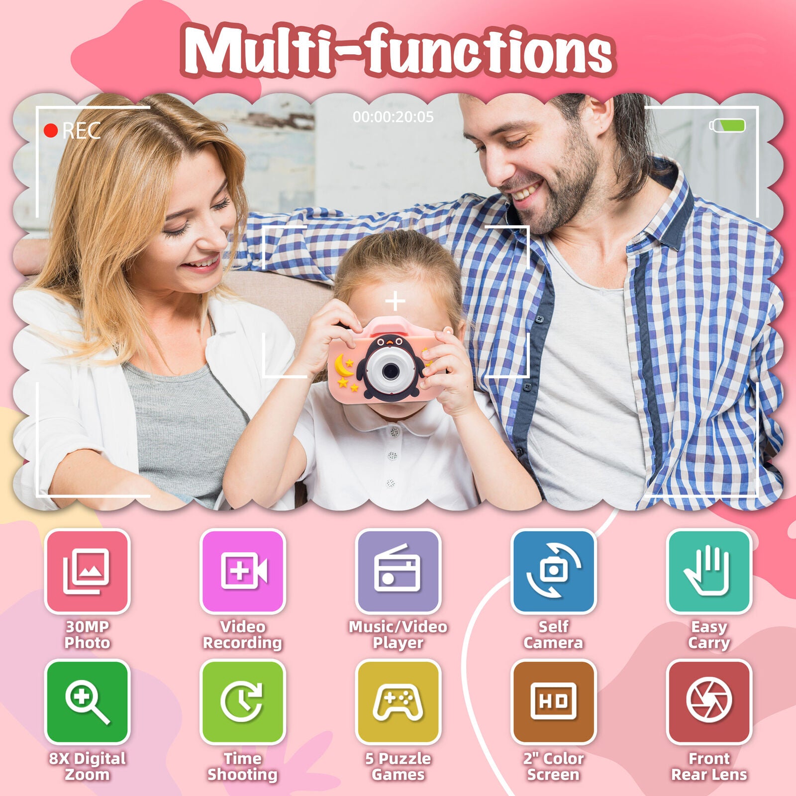 Kids Digital Dual Lens Camera, 4x Zoom and HD Video Recording (Pink) V196-KDC-0024