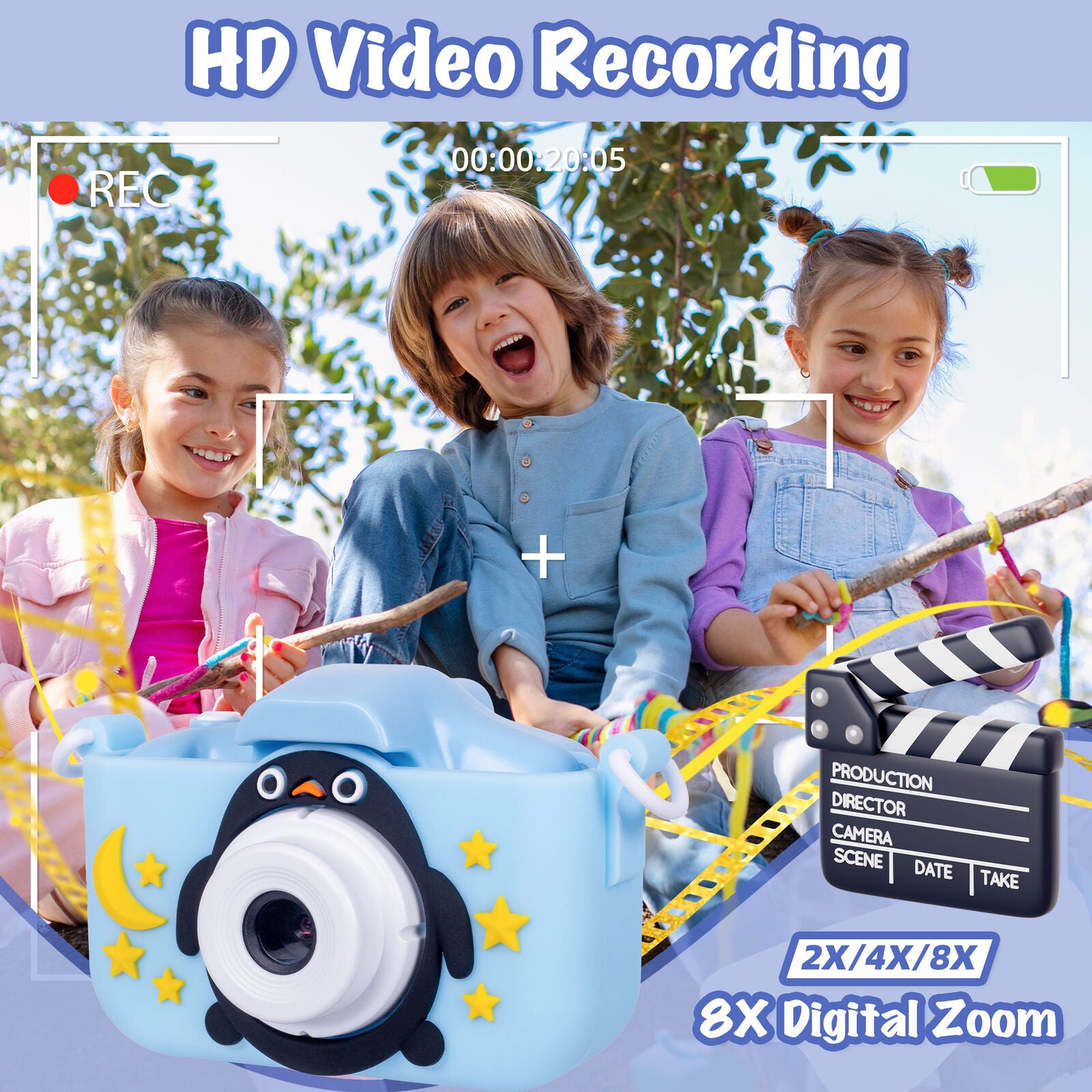 Kids Digital Dual Lens Camera, 4x Zoom and HD Video Recording (Blue) V196-KDC-0025