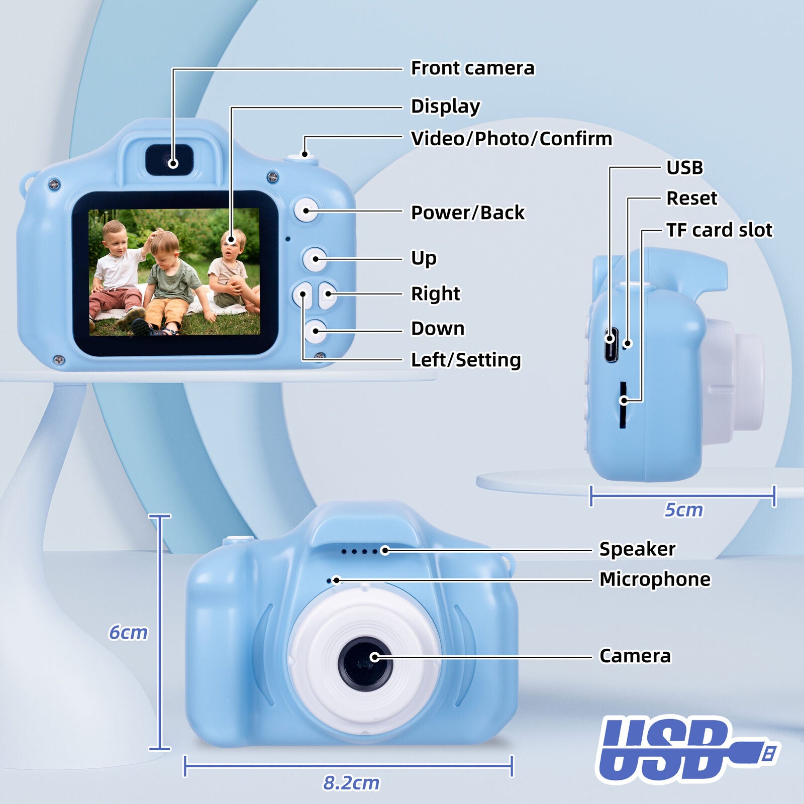 Kids Digital Dual Lens Camera, 4x Zoom and HD Video Recording (Blue) V196-KDC-0025