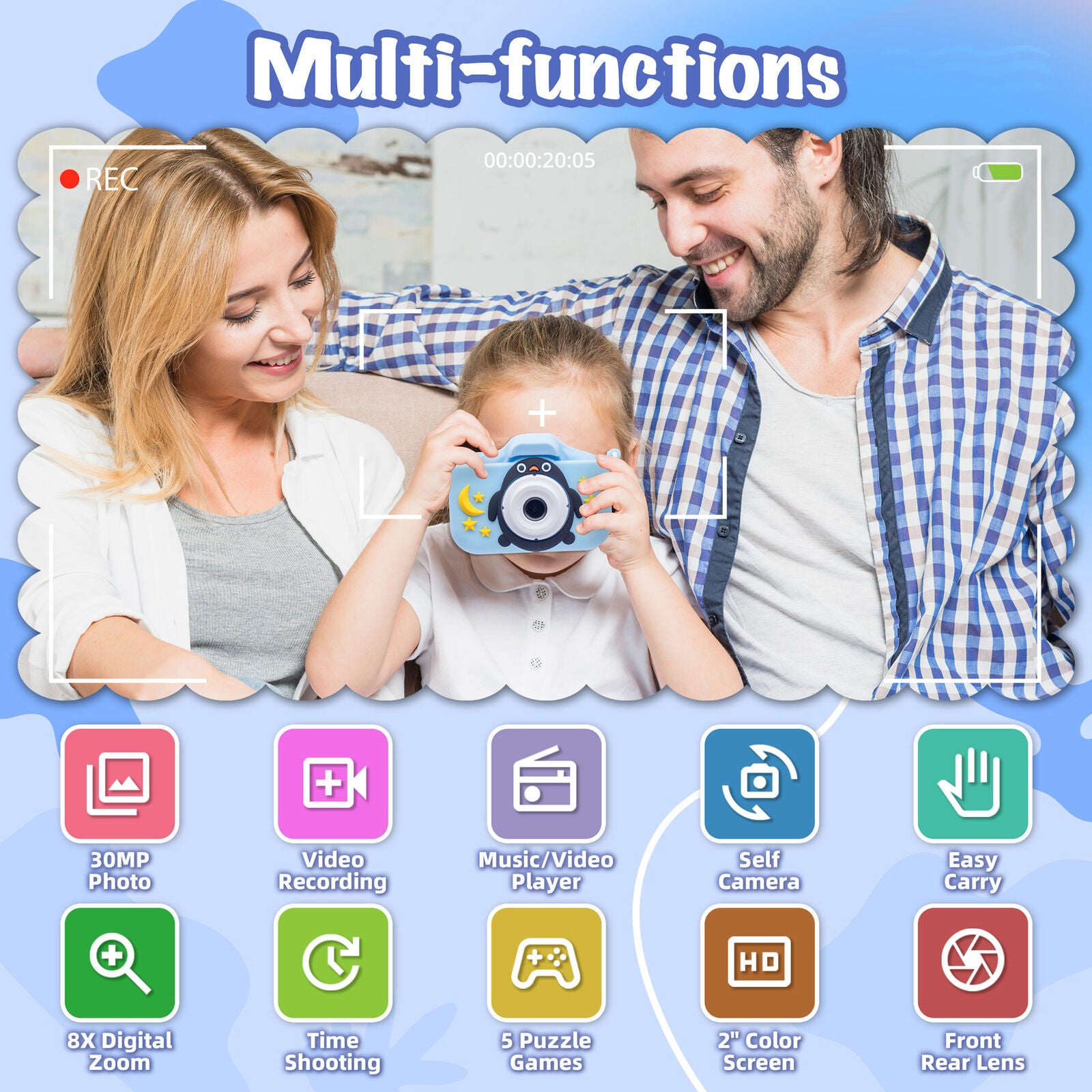 Kids Digital Dual Lens Camera, 4x Zoom and HD Video Recording (Blue) V196-KDC-0025