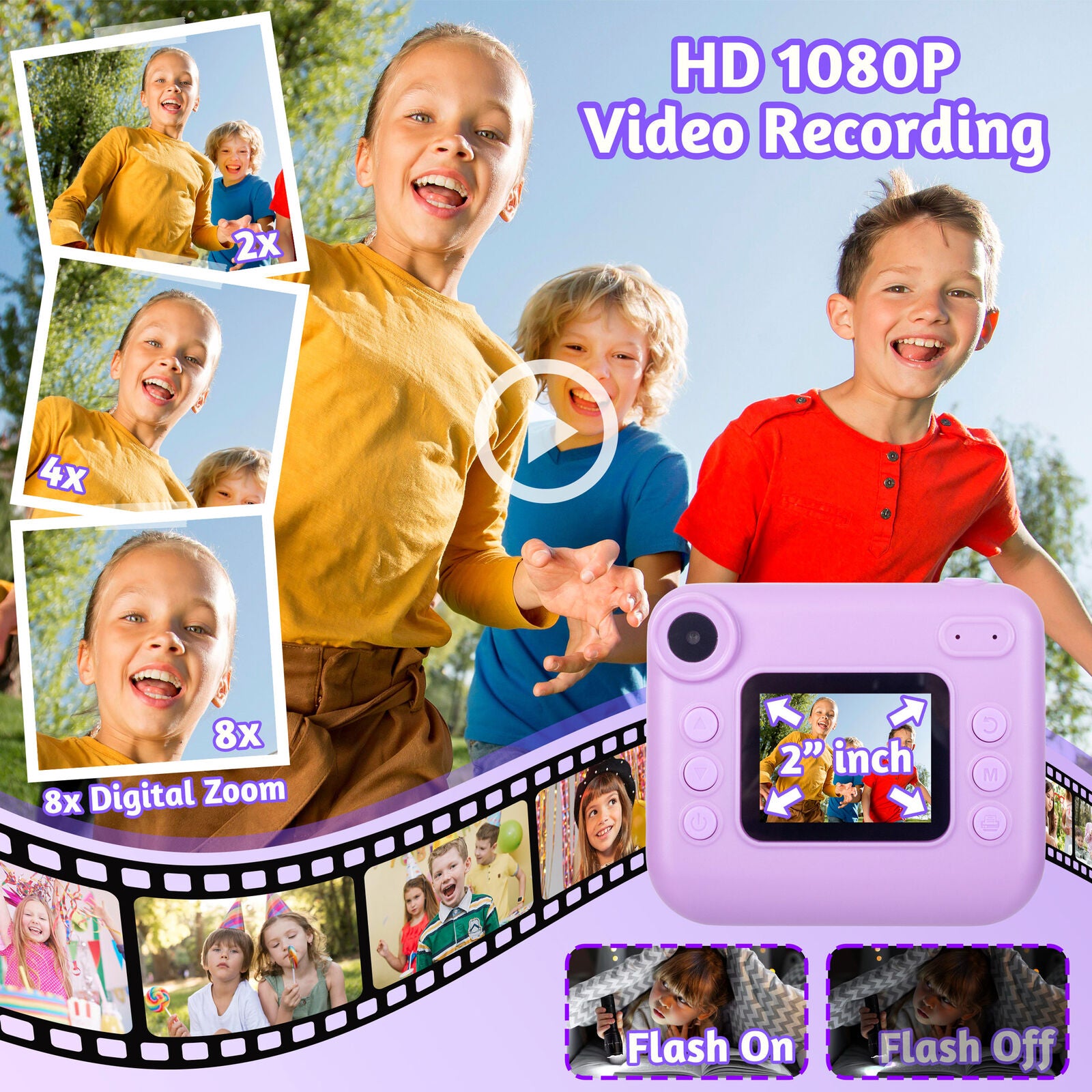 Kids 48MP Instant Print Camera with Dual Lens and 1080P HD Video V196-KDC-030D