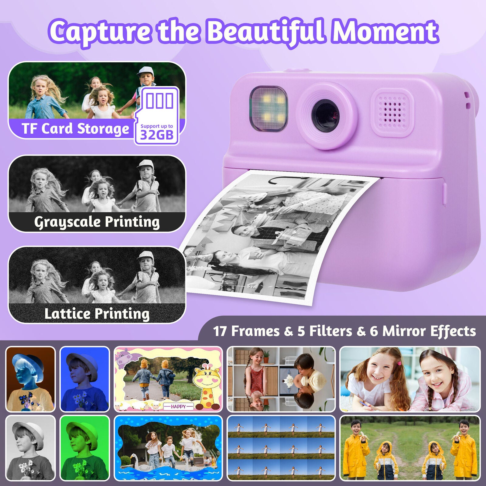 Kids 48MP Instant Print Camera with Dual Lens and 1080P HD Video V196-KDC-030D