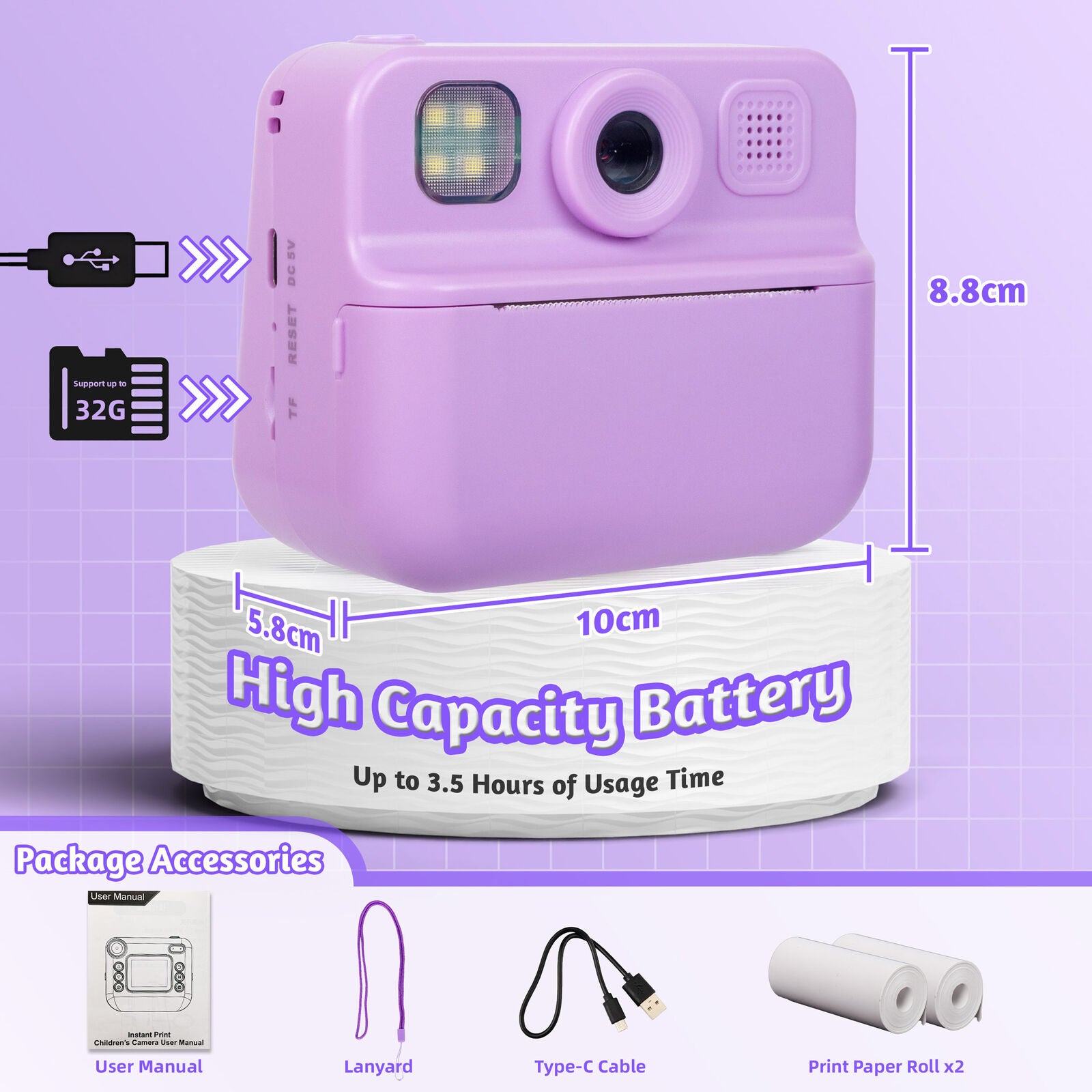Kids 48MP Instant Print Camera with Dual Lens and 1080P HD Video V196-KDC-030D