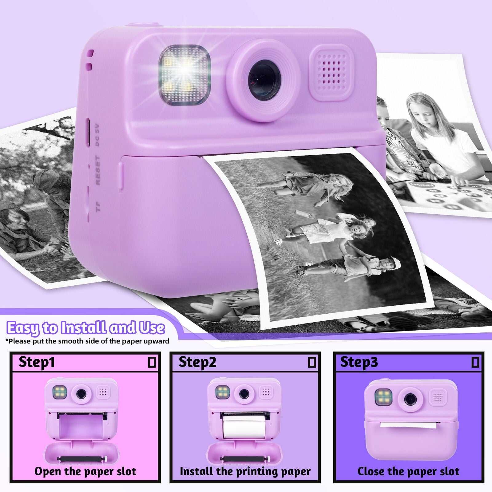 Kids 48MP Instant Print Camera with Dual Lens and 1080P HD Video V196-KDC-030D
