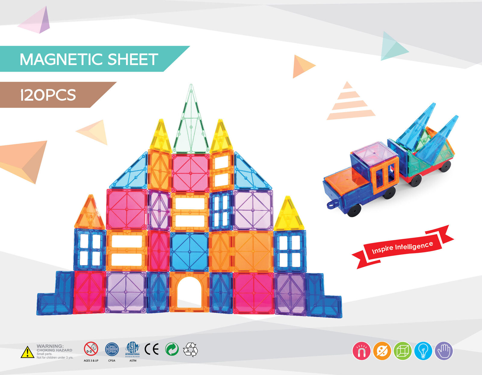 120 Pcs non-toxic STEM Educational, Durable Magnetic Tiles/Puzzle with Storage Bag V196-LZW-804