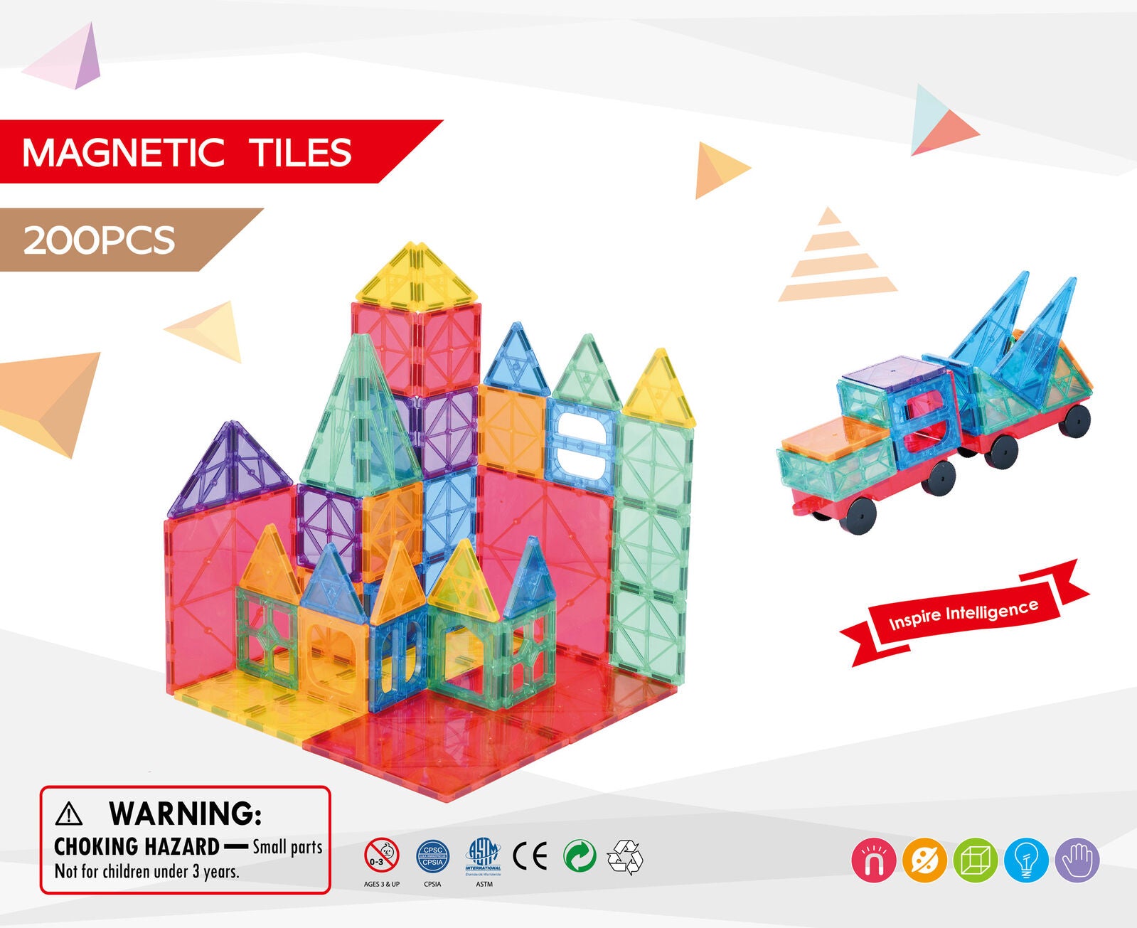 200 Pcs non-toxic STEM Educational, Durable Magnetic Tiles/Puzzle with Storage Bag V196-LZW-805