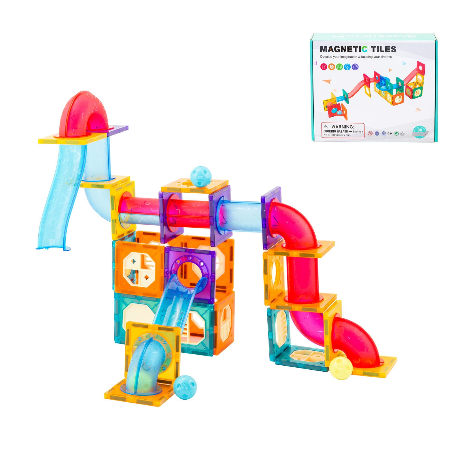 88 Pcs non-toxic STEM Educational, Durable Magnetic Tiles/Puzzle with Storage Bag V196-LZW-806