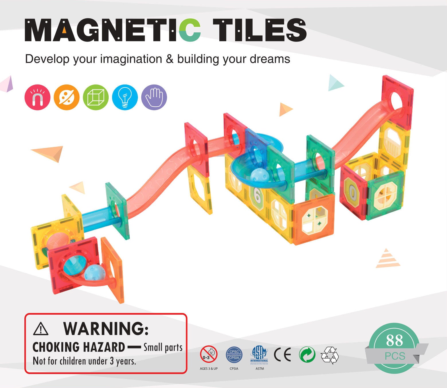 88 Pcs non-toxic STEM Educational, Durable Magnetic Tiles/Puzzle with Storage Bag V196-LZW-806