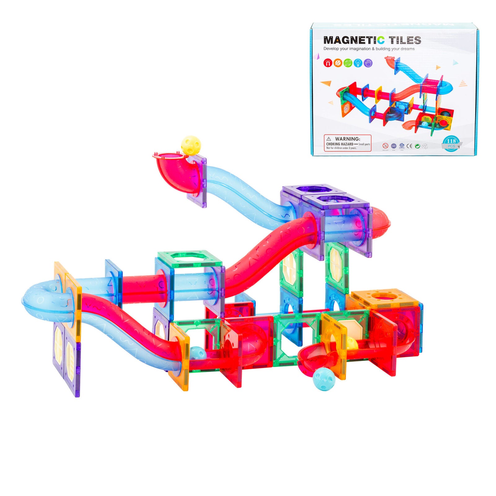 118 Pcs non-toxic STEM Educational, Durable Magnetic Tiles/Puzzle with Storage Bag V196-LZW-807