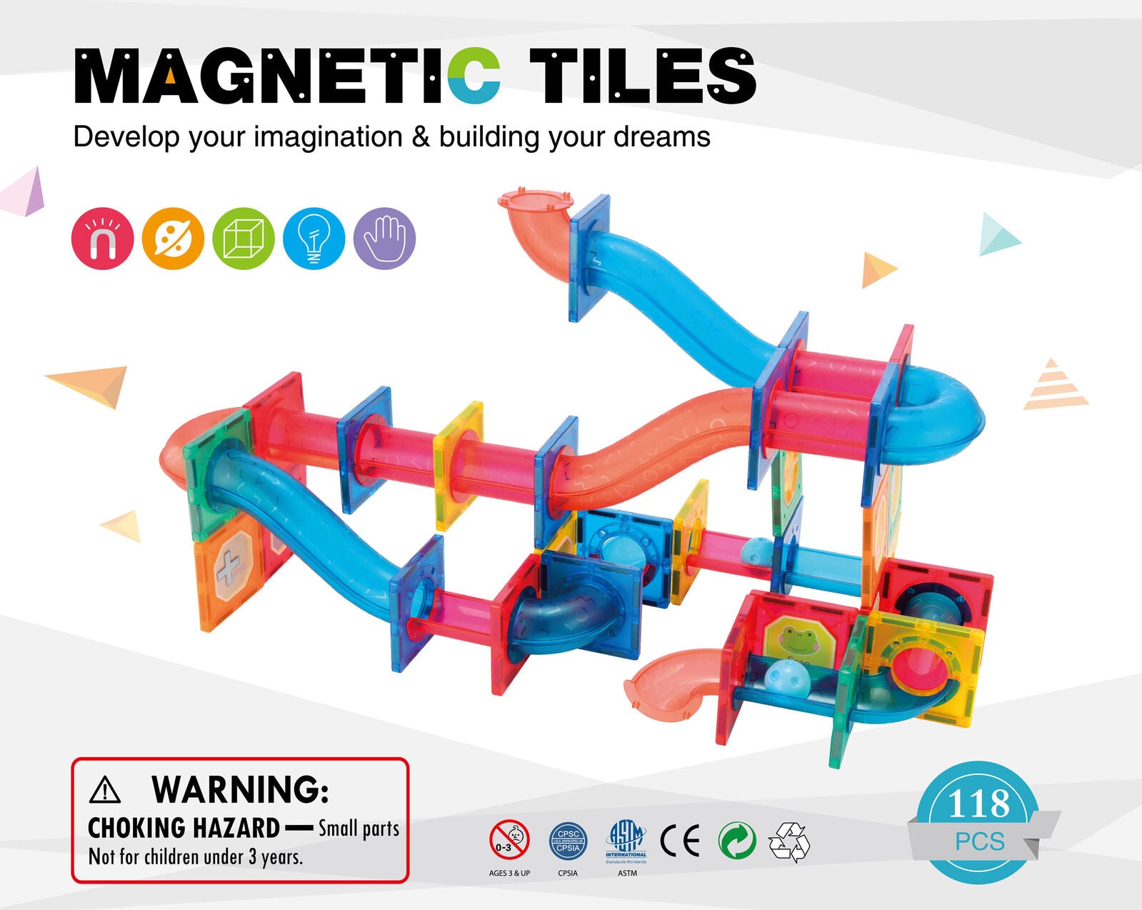 118 Pcs non-toxic STEM Educational, Durable Magnetic Tiles/Puzzle with Storage Bag V196-LZW-807