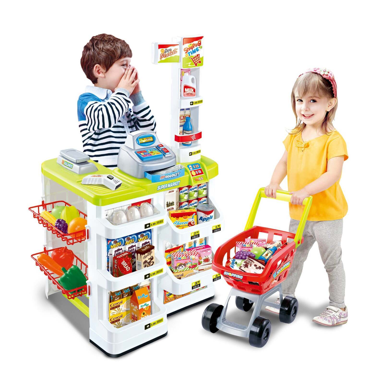 Children's Home Supermarket w/ Toy Cash Register, Trolly, Fruit & More V196-TS25