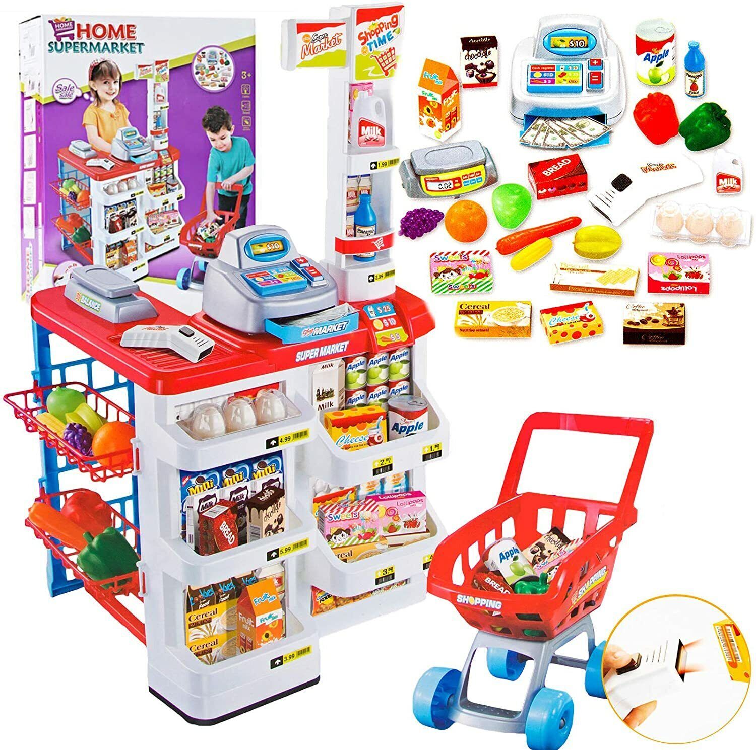 Children's Home Supermarket w/ Toy Cash Register, Trolly, Fruit & More V196-TS25