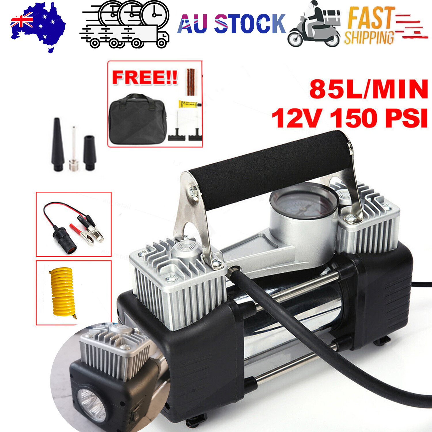 Car Air Compressor 12V 4WD Portable Tyre Inflator Deflator Truck Pump 150PSI V201-BAZ0512BL8AUA