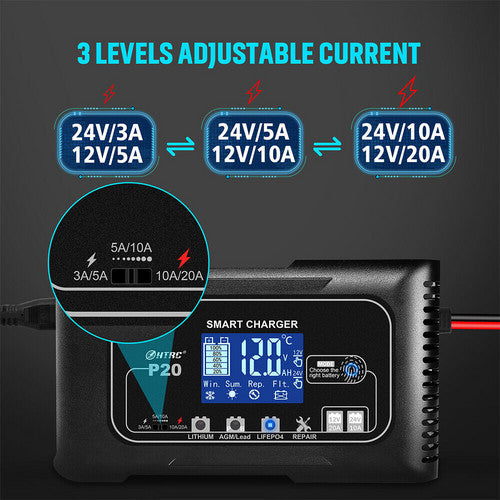 12/24V Automatic Car Battery Charger For Lithium Lifepo4 Lead-Acid AGM/Gel/SLA V201-BAZ2020BL8AU