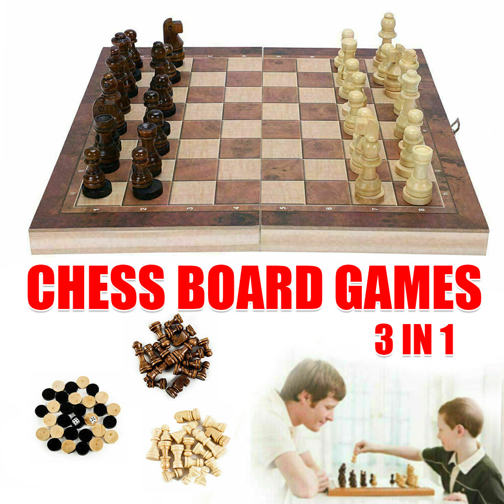 3 IN 1 Wooden Chess Set Folding Chessboard Wood Pieces Draughts Backgammon Toy V201-BBA1225WO8AU
