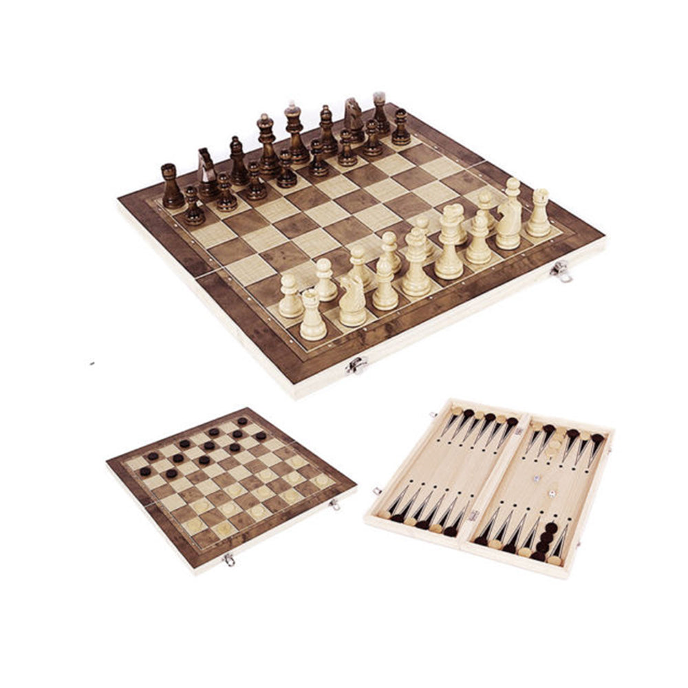 3 IN 1 Wooden Chess Set Folding Chessboard Wood Pieces Draughts Backgammon Toy V201-BBA1225WO8AU