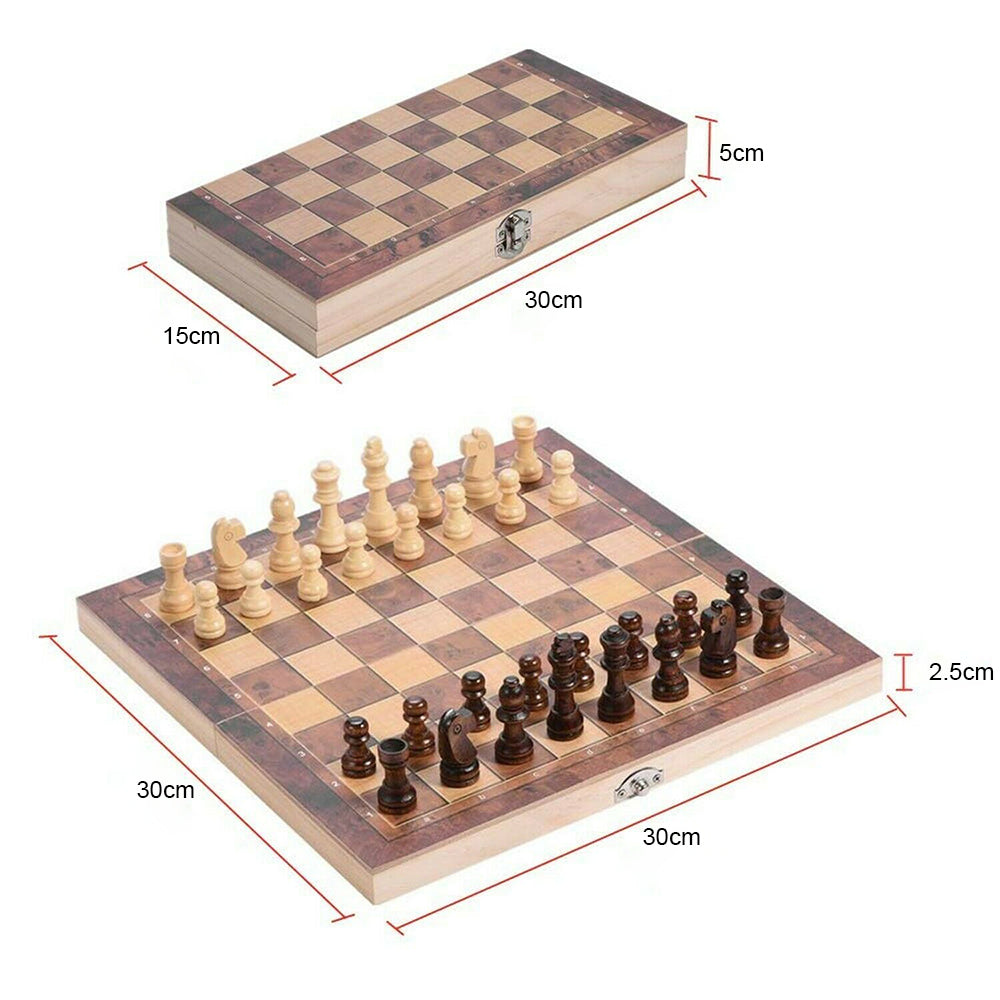 3 IN 1 Wooden Chess Set Folding Chessboard Wood Pieces Draughts Backgammon Toy V201-BBA1225WO8AU